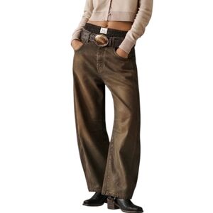 We The Free Good Luck Barrel Jeans Coated Vegan Leather Brown Mid Rise 29 NWOT